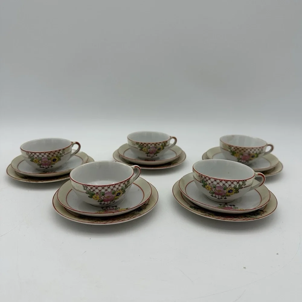 Vintage China Floral Demitasse Cup & Saucer 5 Sets Mini Red Trim Childs Tea Size